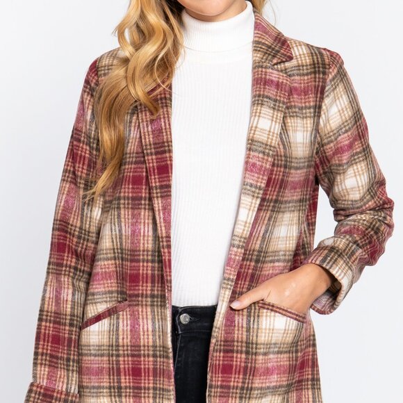 Notched Collar Plaid Jacket - Picture 1 of 4